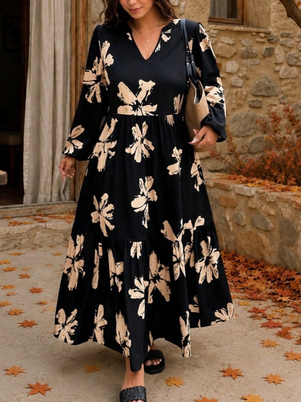 Black Boho Women's Plus Size Floral Print Dress